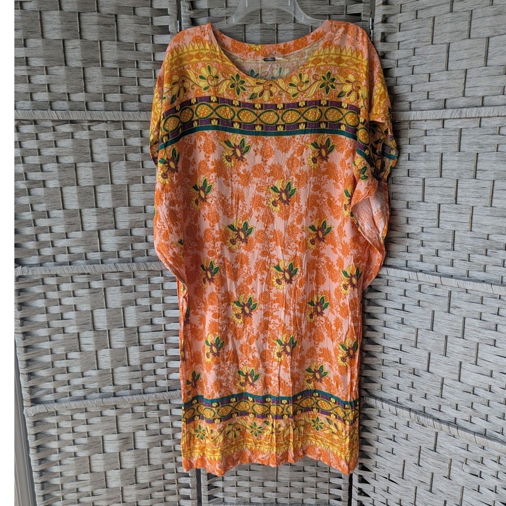 Vintage‎ Kaftan Beach Dress Swim Cover Up Orange Floral Batik Print Womens OS